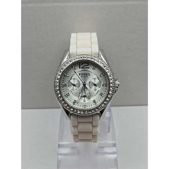 Fossil Accessories - Fossil Riley Womens 40mm Watch White Silicone Glitz Bezel Quartz New Battery WR